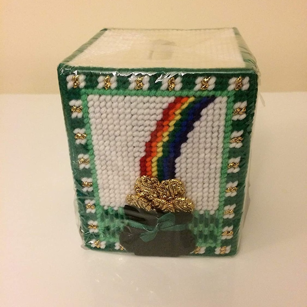 Pot-of-Gold Tissue Box Cover Green, White, Gold, and Rainbow St. Patrick’s Day